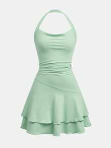 SHEIN Girlism 少女针织吊带腰褶下摆溜冰裙 - 綠色 - 查看 4