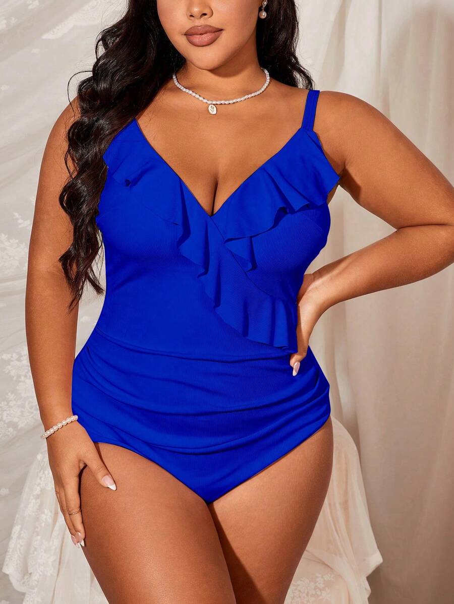 Slaydiva Plus Size Women Solid Color Ruffle Pleat Spaghetti Strap One-Piece Swimsuit For Summer Beach Vacation - Royal Blue - View 1