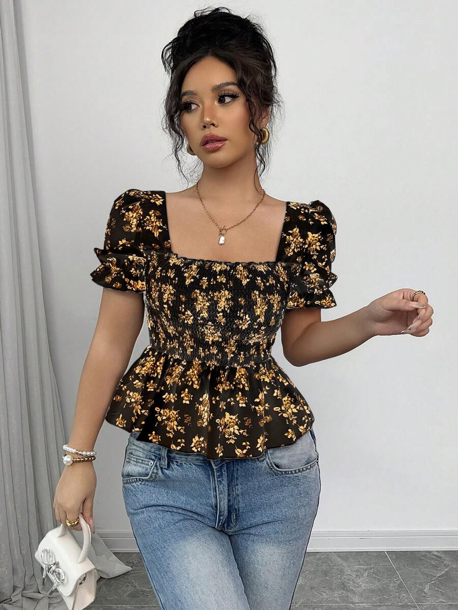 Elenzga 女式优雅迷你碎花泡泡袖衬衫，夏季 - 芥末黃 - 查看 1