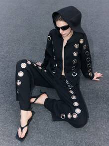 LYSMO 男女通用时尚前卫索环设计宽松阔腿运动裤 - 黑色 - 查看 9