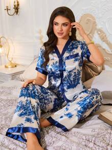 LuxeNights 2 件套女士春夏风景和人物印花短袖上衣和裤子睡衣套装 - 藍白色 - 查看 5