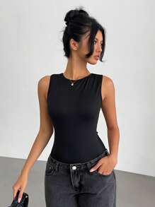 Aloruh Y2K Backless Sleeveless Adjustable Buckle Black Bodysuit For Women, Sexy - Black - View 2
