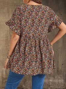 EMERY ROSE Plus Size Women's Printed Round Neck Short Sleeve Ruffled Babydoll Blouse, Tunic Top, Summer, Mother Day, Country Concert, Boho, Western, Vacation Woman, Summer Fashion - Multicolor - View 2