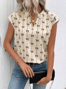 EMERY ROSE Women's Spring/Summer Bow Print Plunge Neck Batwing Sleeve Blouse - Apricot - View 4