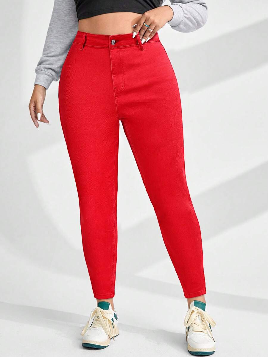 SHEIN ICON 大码纯色牛仔裤，夏季时尚 - 紅色 - 查看 1