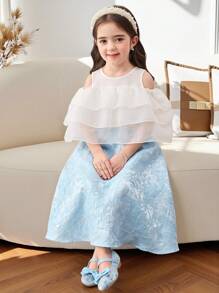 2pcs Young Girl Solid Color Round Neck Knit Top With Mesh Ruffle Details And Woven Skirt Set - Blue - View 2