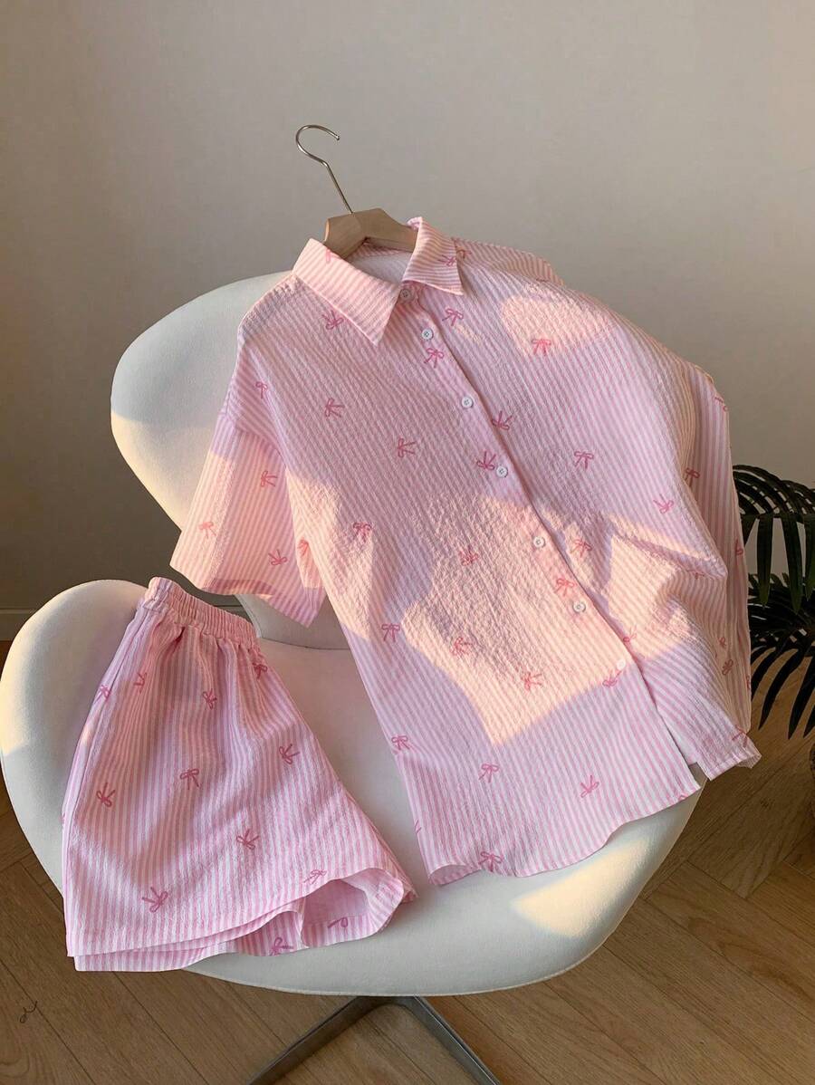 Comfortcana Plus Size Women Beach Vacation, Brunch Outfits For Women, Lounge, Casual Collared Short Sleeve Shirt & Elastic Waist Shorts 2 Pieces Set, Cute, Pink & White Summer, Spring Outfits For Women,Holiday Outfits