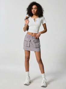 SHEIN EZwear 翻蓋口袋腰部抽繩工裝裙 - 灰色 - 查看 3