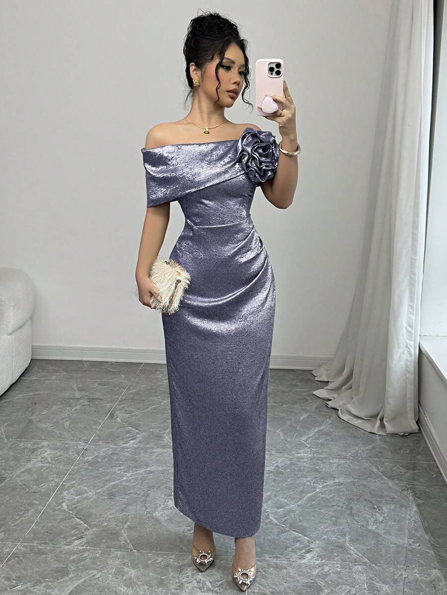 Elenzga Luxury Women's Party Dress, Elegant Gold 2 In 1 Floral Off Shoulder Ruched Slit Dress