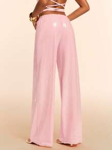 SHEIN BAE Women's Pink Sequin Extra Long Casual Pants With Drawstring Detail - Pink - View 2