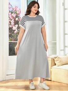 SHEIN Lacomfia Plus Size Striped Print Round Neck Casual Short Sleeve Dress, Suitable For Summer - Multicolor - View 5