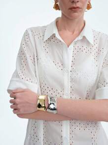 SHEIN LUNE Women Simple Elegant Collar Hollow Out Embroidery Dress (Random Print) - White - View 5