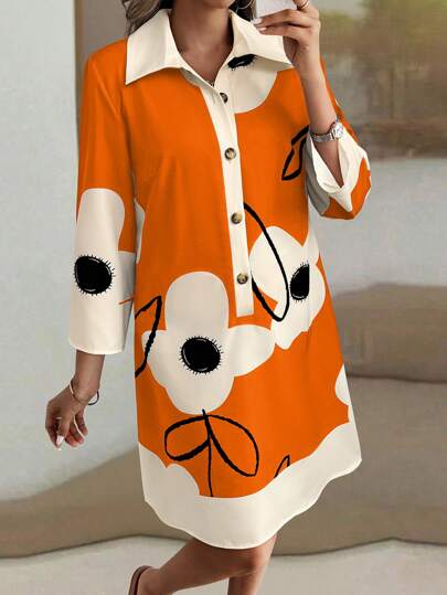 Omancia Random Floral Print Loose Fit Women V-Neck 3/4 Sleeve Midi Dress