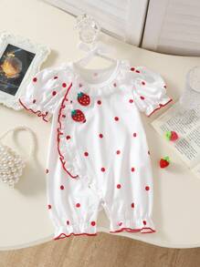 Infant & Baby Girl Ruffled Collar Strawberry Embroidery Polka Dot Bubble Sleeve Romper With Ruffle Hem, Cute & Comfortable For Home And Outdoor, Spring/Summer/Autumn