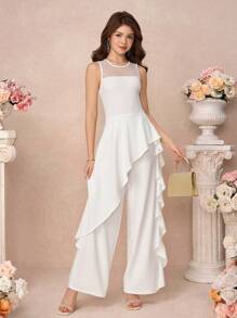 SHEIN Pitira Teen Girl White Solid Color Stitching Lace Backless See-Through Elegant Sweet Ruffle Jumpsuit, Elegant Luster, Suitable For Summer, Parties, Birthday Parties, Career Parties And Bridesmaid Parties