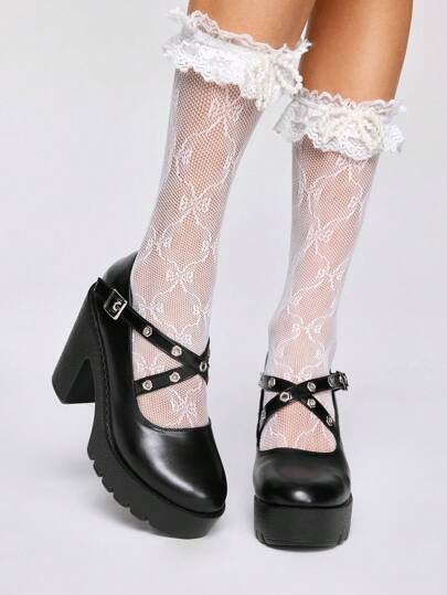 Goth 11cm Black Round Toe Mary Jane Platform Pumps, Thick Heel, Suitable For Party, Daily Wear, Evening Dress, Height Increase And Leg Elongation, Comfortable And Versatile Women High Heels