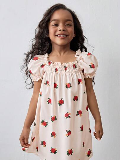 Maija Kids Maija Kids Young Girl Fashion Casual Floral Ruffle Square Neck Puff Sleeve Mini Dress With Vacation/Home/School Versatile Retro Vibe, Springtime