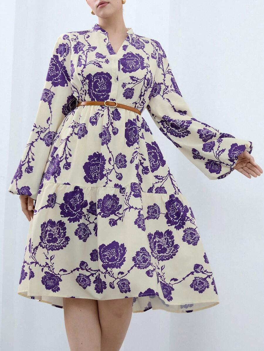 Aveloria Modichic Casual Loose Floral Print Shirt Style Long Sleeve Plus Size Dress