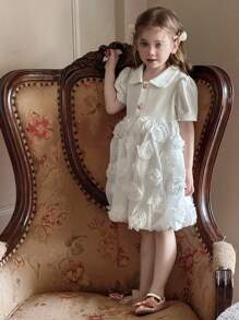 DAZY Young Girls Solid Color Collared Puff Sleeve Splice Short Sleeve Dress,Girls Summer Outfits - White - View 5
