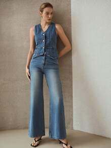 MOTF PREMIUM Top DE MEZCLILLA CON BOTONES AL FRENTE - Azul lavado medio - Ver 3