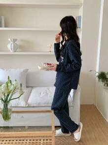 少女 2 件套海军蓝格子印花长袖开衫和裤子休闲家居套装 - 藏蓝色 - 查看 2