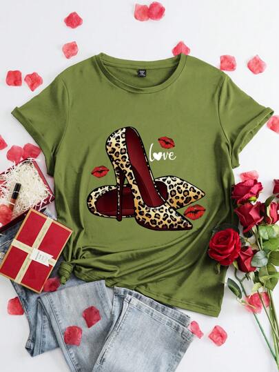 SHEIN LUNE Leopard Print Sexy Heart Design High Heel & Plus Size Round Neck Short Sleeve T-Shirt, Valentine's Day