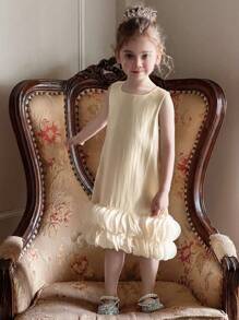 DAZY Young Girls Round Neck Sleeveless Ruffle Trim Loose Fit Dress,Girls Summer Outfits - Apricot - View 4