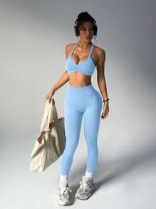 SHEIN Sport Studio Set da donna con canottiera plissettata e leggings a tinta unita, da sport