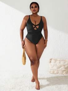 Slaydiva Plus Size Sexy Waist Cinching Hollow-Out One-Piece Swimsuit Suitable For Summer - Black - View 6