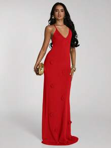 SHEIN BAE فستان كروشيه أنيق وجذاب للنساء، بتصميم ظهر كشف مزين بالزهور، قطع واسعة الطول - الأحمر - مشاهدة 1