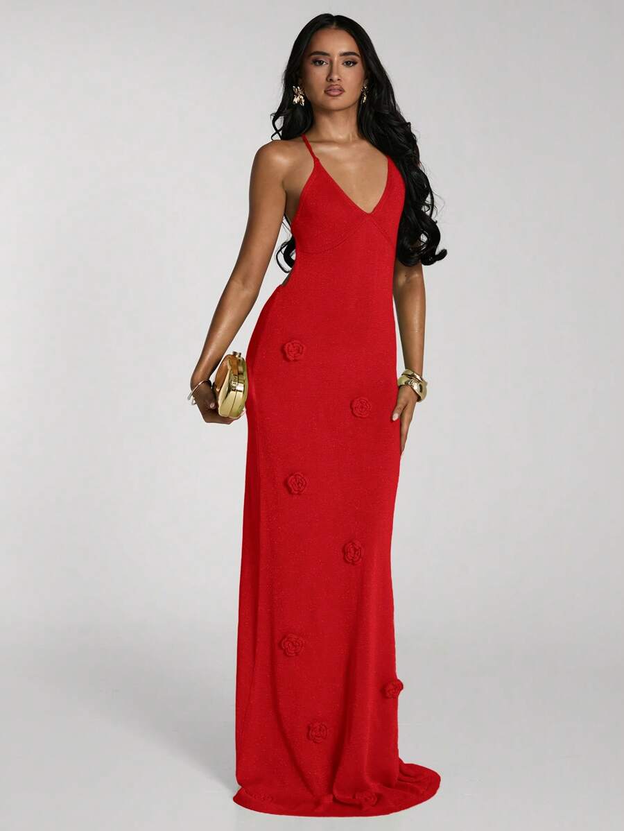 SHEIN BAE فستان كروشيه أنيق وجذاب للنساء، بتصميم ظهر كشف مزين بالزهور، قطع واسعة الطول - الأحمر - مشاهدة 1