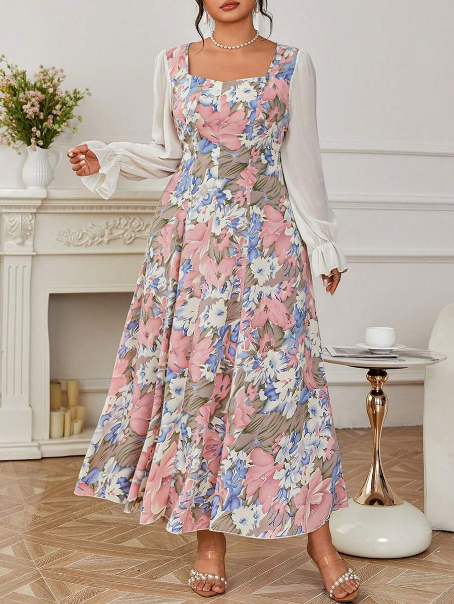 Modelyn 大码梭织多色印花长袖腰带A字连衣裙 - 粉色 - 查看 1