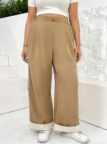 SHEIN Essnce 大码新款女士休闲阔腿裤卡其裤撞色休闲西装裤夏季女装 - 卡其色 - 查看 6