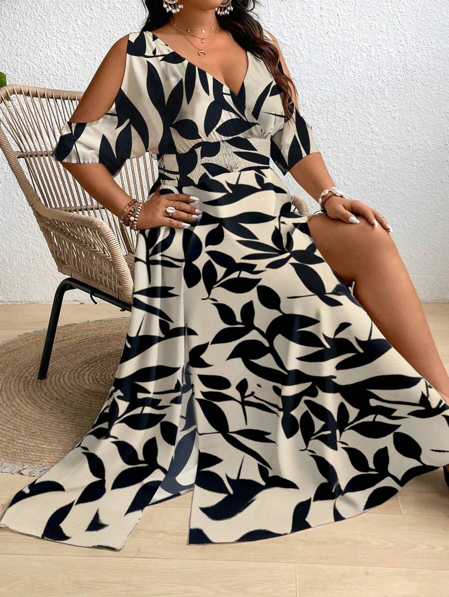 Vestido largo de mujer con estampado tropical, hombros descubiertos y abertura lateral en el muslo, talla extra - Albaricoque - Ver 1