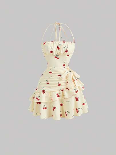 SHEIN MOD Blommönster Volanger Trim Tie Rygglös Ruched byst Layered Grimma sommarkort klänning