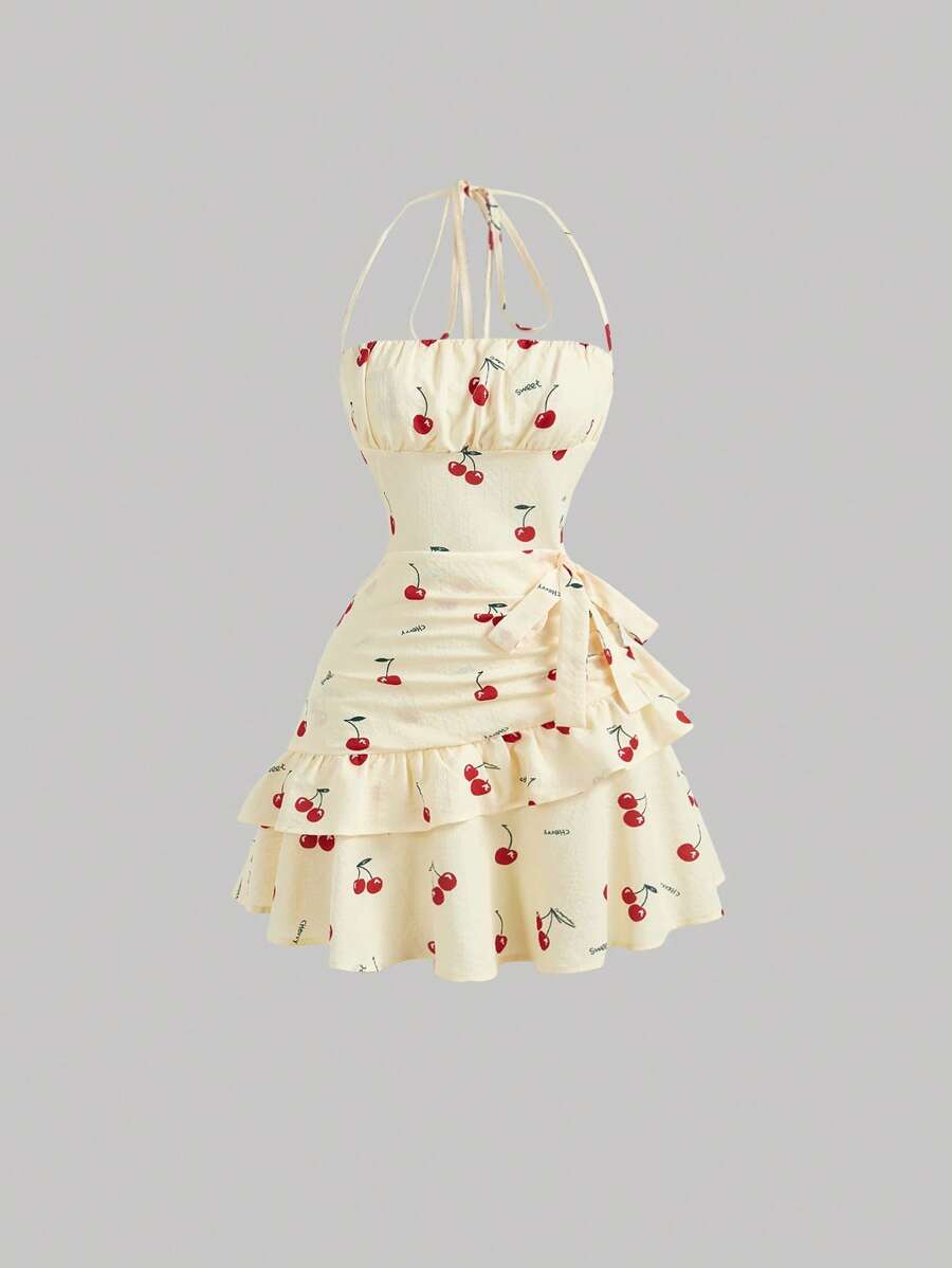 SHEIN MOD Women Cherry Print Ruffle Trim Tie Backless Ruched Bust Layered Halter Summer Short Dress,Vacation Dress, Butter Yellow Dress