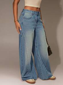 Forever 21 春季新款宽松低腰浅蓝色水洗休闲个性趣味女式牛仔裤 - 淺藍色 - 查看 6