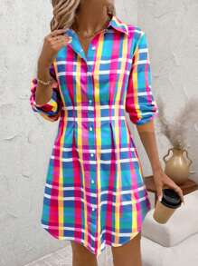 SHEIN Clasi Women's New Fashion Color Plaid Print Shirt Dress For Commute, Work, Street, Dating Outfit São João 2025 Dresses For Women Summer Dresses For Women Graduation Dress,Bohemian Clothes