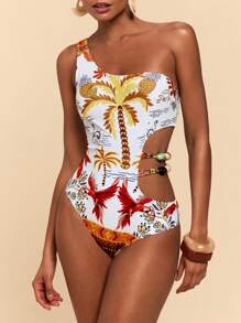 Travachic Conjunto de 2 piezas de traje de baño para mujer con hombros oblicuos y falda de natación