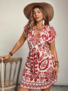 Freevana Vestido con estampado floral y cinturón talla grande