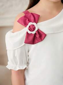 SHEIN 2pcs Girls Elegant Gradient Pleated Skirt & Bowknot Shoulder Top Sweet Outfit Set - Multicolor - View 2