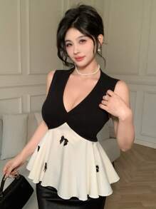 Modelyn Women's Bowknot Print V-Neck Ruffle Hem Elegant Camisole - Black - View 7