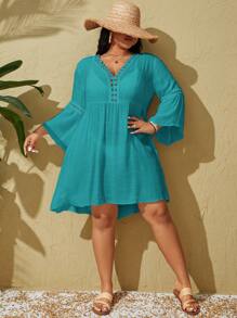 Swim Lushoire Plus Size Summer Casual Solid Color Splicing Lace Cover Up Dress - Mint Green - View 4