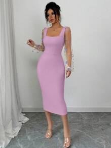 Elenzga Elegantes Bodycon-Kleid mit quadratischem Ausschnitt, floraler Stickerei und transparenten Ärmeln, schlanke Passform, Frühlings-/Sommerstil im französischen Look - Violett - Übersicht 6