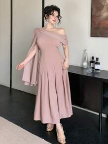 DAZY 女士纯色不对称领口喇叭袖优雅连衣裙，正式女士长裙 - 粉色 - 查看 6