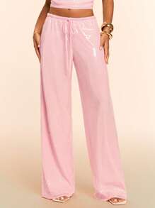 SHEIN BAE Women's Pink Sequin Extra Long Casual Pants With Drawstring Detail - Pink - View 7