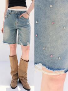 LYSMO Pantaloncini di jeans casual e morbidi da donna con decorazioni di strass, tasche e frange sul bordo