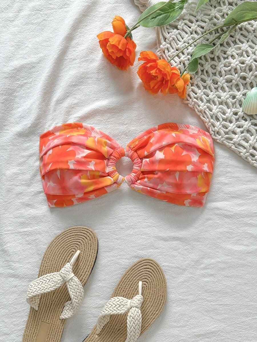 Swim Mod Women's Holiday Beach Floral Print Bandeau Bikini Swimwear Top For Summer Beach Vacation - Multicolor - View 1