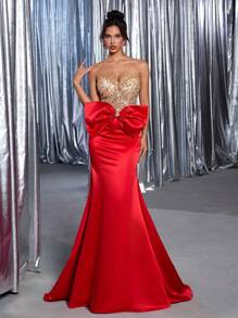 Glamrae Elegant Luxury Beaded Sequin Sexy Strapless Butterfly Decor Mermaid Dress With Trailing Train, Suitable For Wedding, Party, Prom, Evening Gown (Heavy-Duty Design)