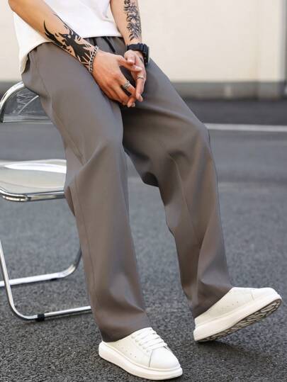 Manfinity Homme Men's Solid Color Drawstring Waist Straight Leg Casual Pants, Versatile, Fall